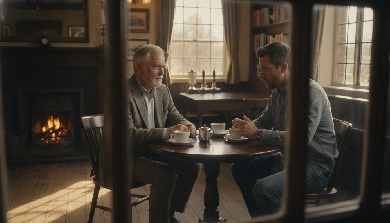 Mature couple talking calmly with an adult son over coffee in a country pub