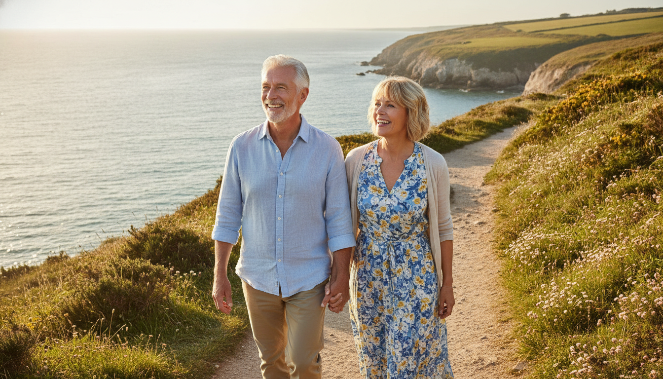 Confident couple in their sixties walking together along a sunny British coastal path