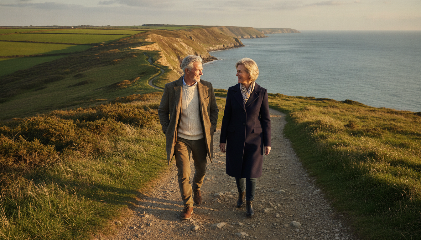 Couple in their sixties walking and talking along a British coastal cliff path
