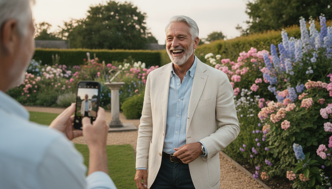 Man laughing naturally while a friend takes his photo in a garden