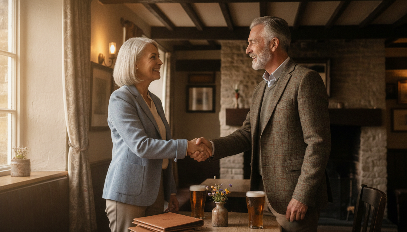 Man and woman greeting each other warmly in a countryside pub