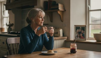 Woman in her sixties reflecting quietly at her kitchen table with tea and family photo nearby