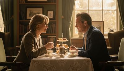 Mature couple in deep conversation over tea at a sunlit café table
