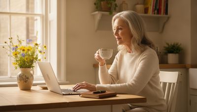Woman smiling while writing her dating profile on a laptop at home